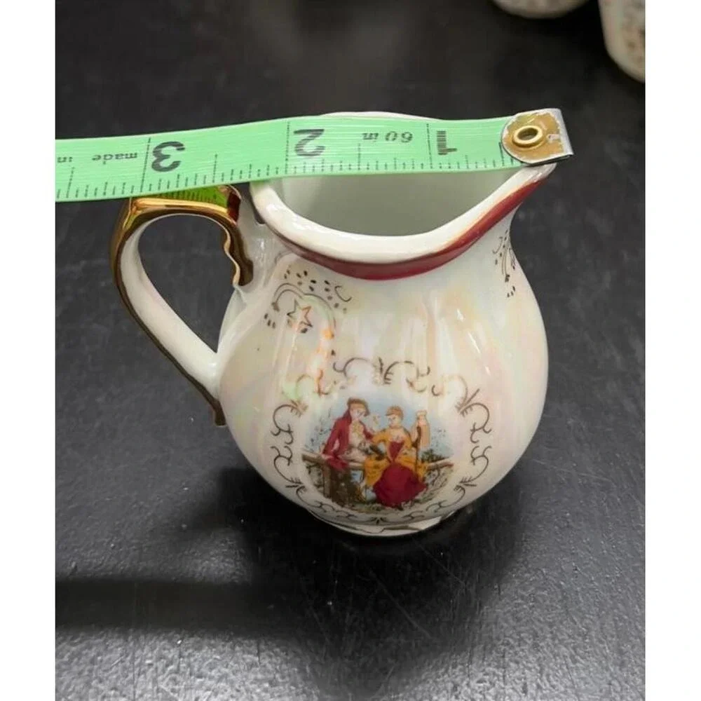 Vintage Italian Lusterware Tea Set Courting Couple‎ Burgundy Gold 8pc OS